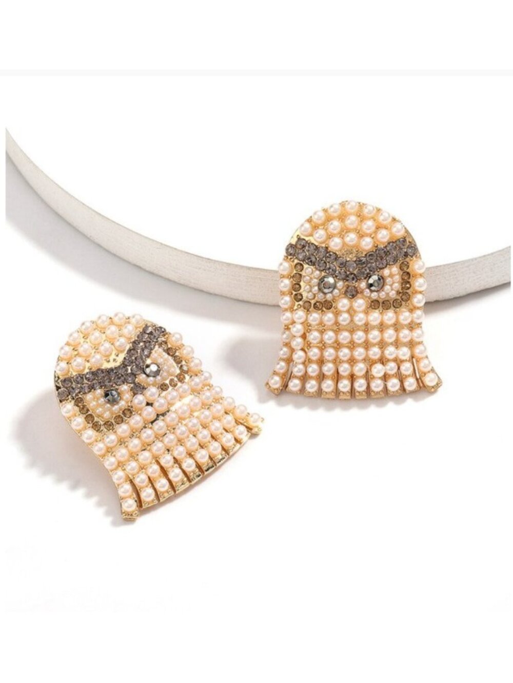 Friendly Ghost Halloween Spooky Pearl & Rhinestone Gold Earrings